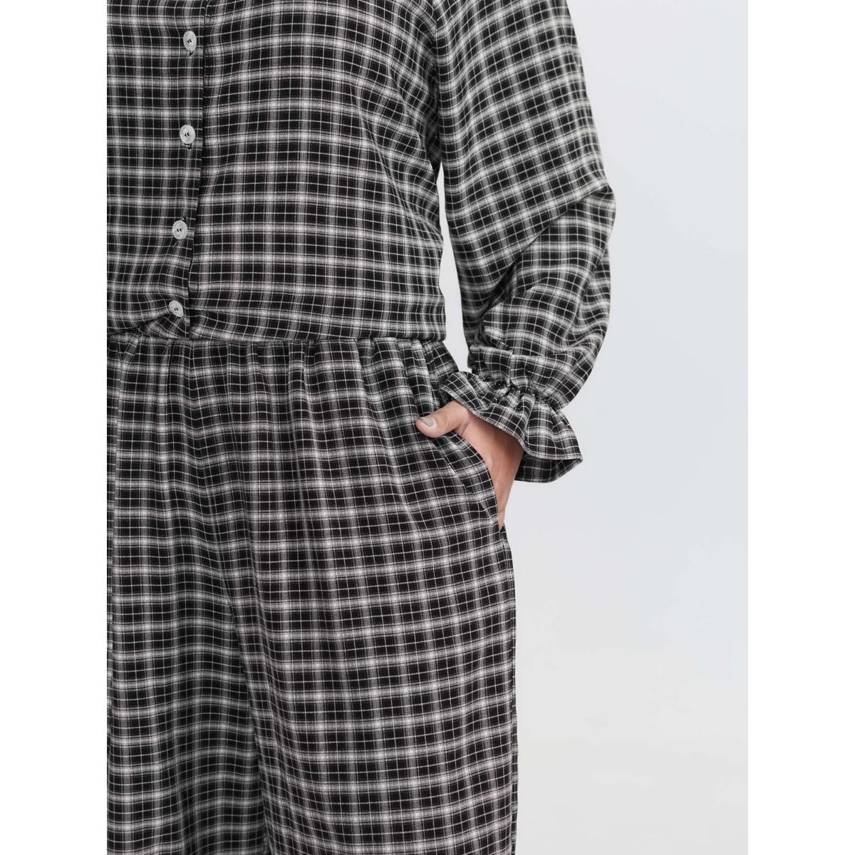 Plus Size Gingham Ruffled Hem Loungewear Set Women BlackFlower Button Extra Long Sleeve Round Neck Leisure Loungewear Sets BloomChic 22-24/3X Product Image