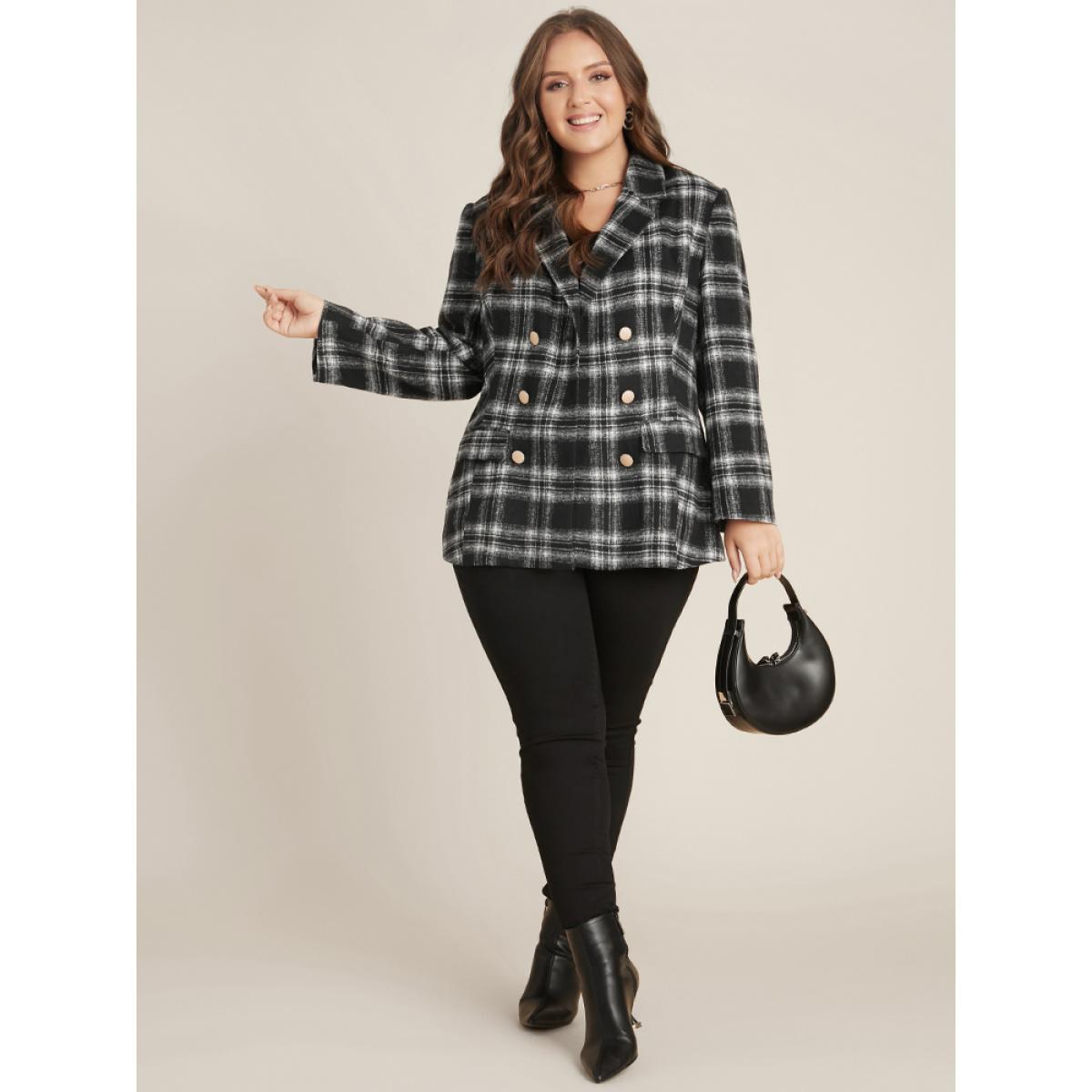 Plus Size Plaid Flap Pocket Button Up Suit Collar Blazer Black Women Dailywear Plaid Button Sleeve Long Sleeve Suit Collar 26/4X Pocket Casual Blazers BloomChic Product Image