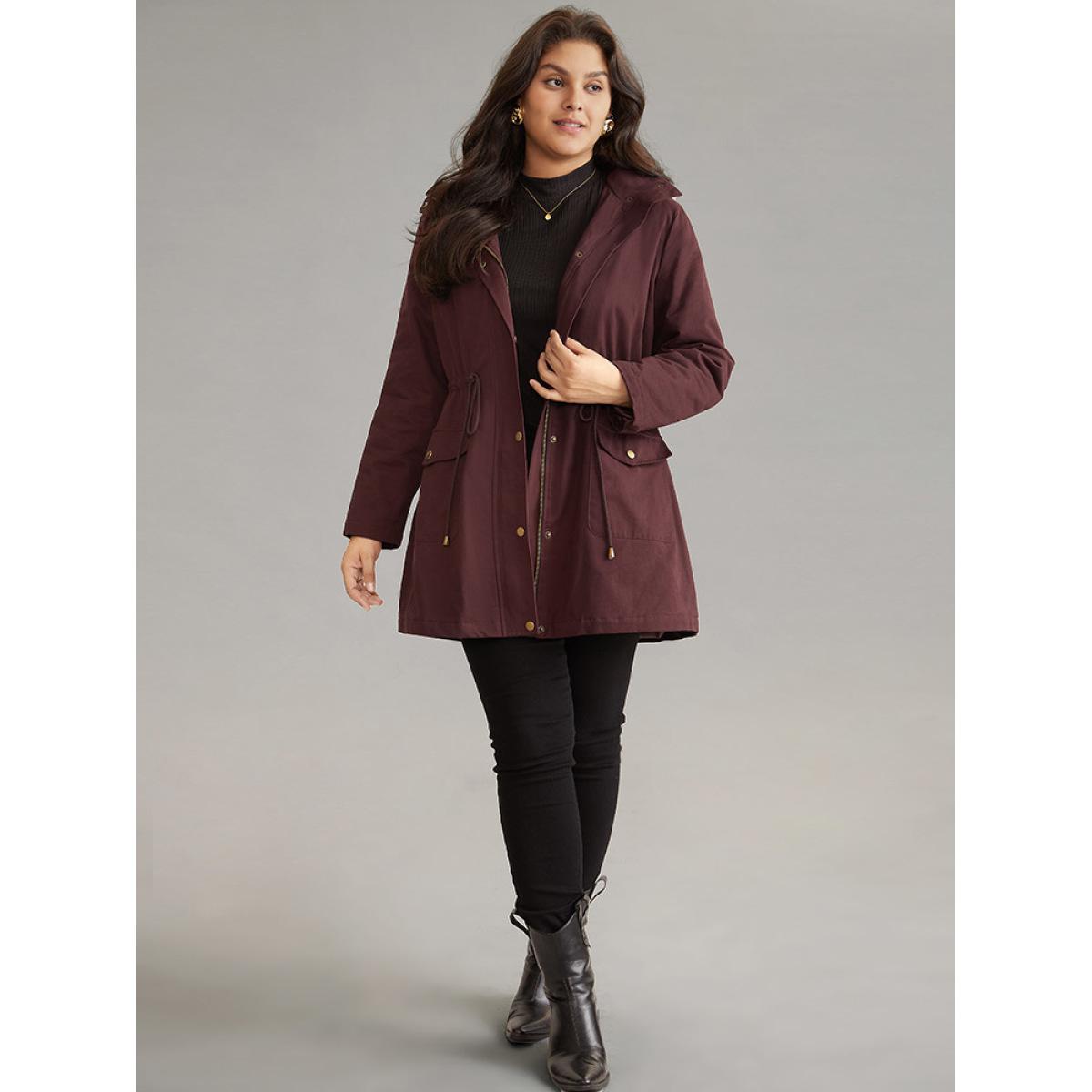 Plus Size Solid Zipper Drawstring Knot Flap Detail Coat Women Burgundy Casual Lined Ladies Dailywear Winter Coats BloomChic 26/4X Product Image