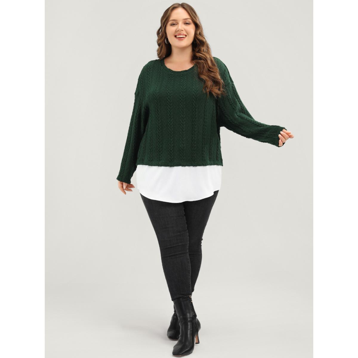 Plus Size Solid Patchwork Textured Asymmetrical Hem 2-In-1 Sweatshirt Women Green Casual Patchwork Round Neck Dailywear Sweatshirts BloomChic 18-20/2X Product Image