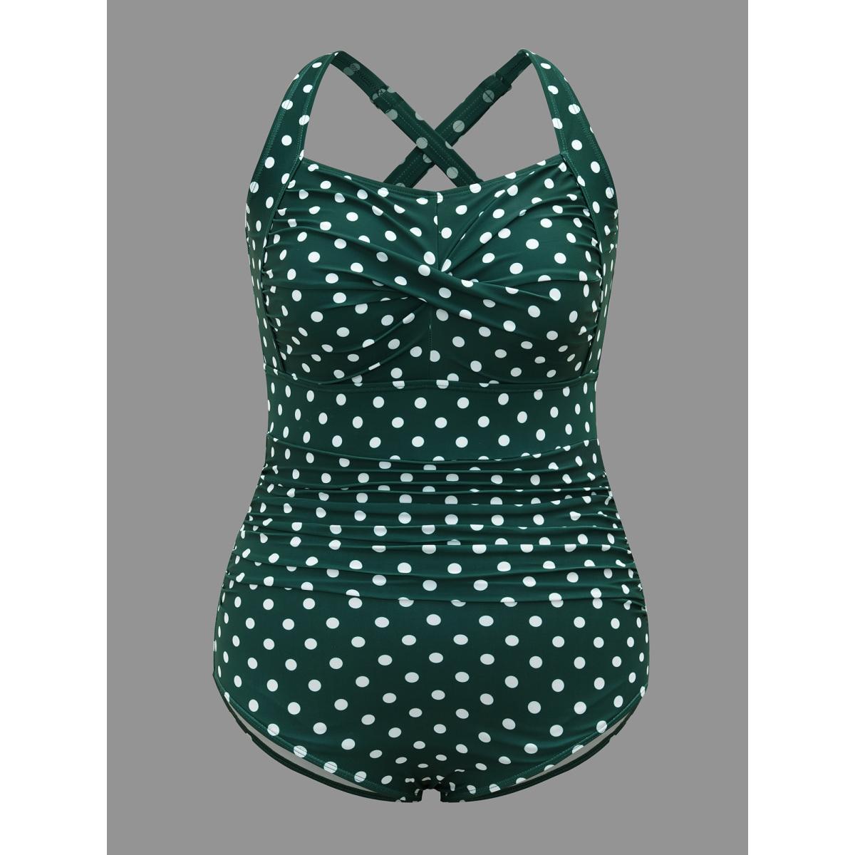 Plus Size Polk Dot Crossback One Piece Swimsuit Women's Swimwear DarkGreen Beach Twist Curve Bathing Suits High stretch One Pieces BloomChic 14-16/1X Product Image
