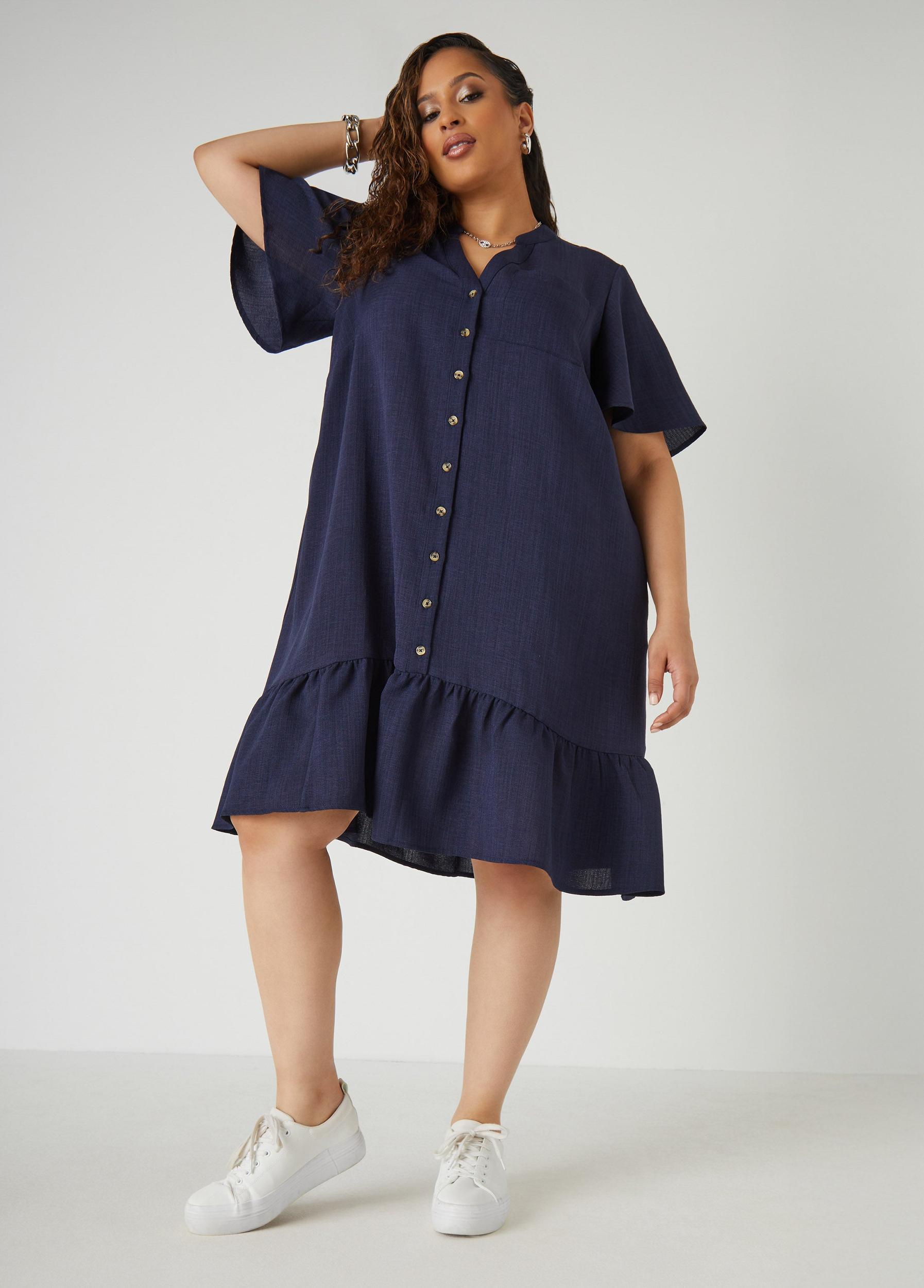Plus Size Flounced Slub Woven Shirtdress Ashley Stewart Product Image