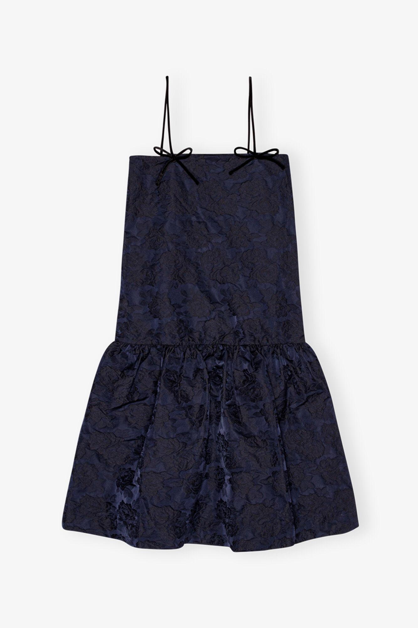 Navy Blue Botanical Jacquard Strap Midi Dress Product Image