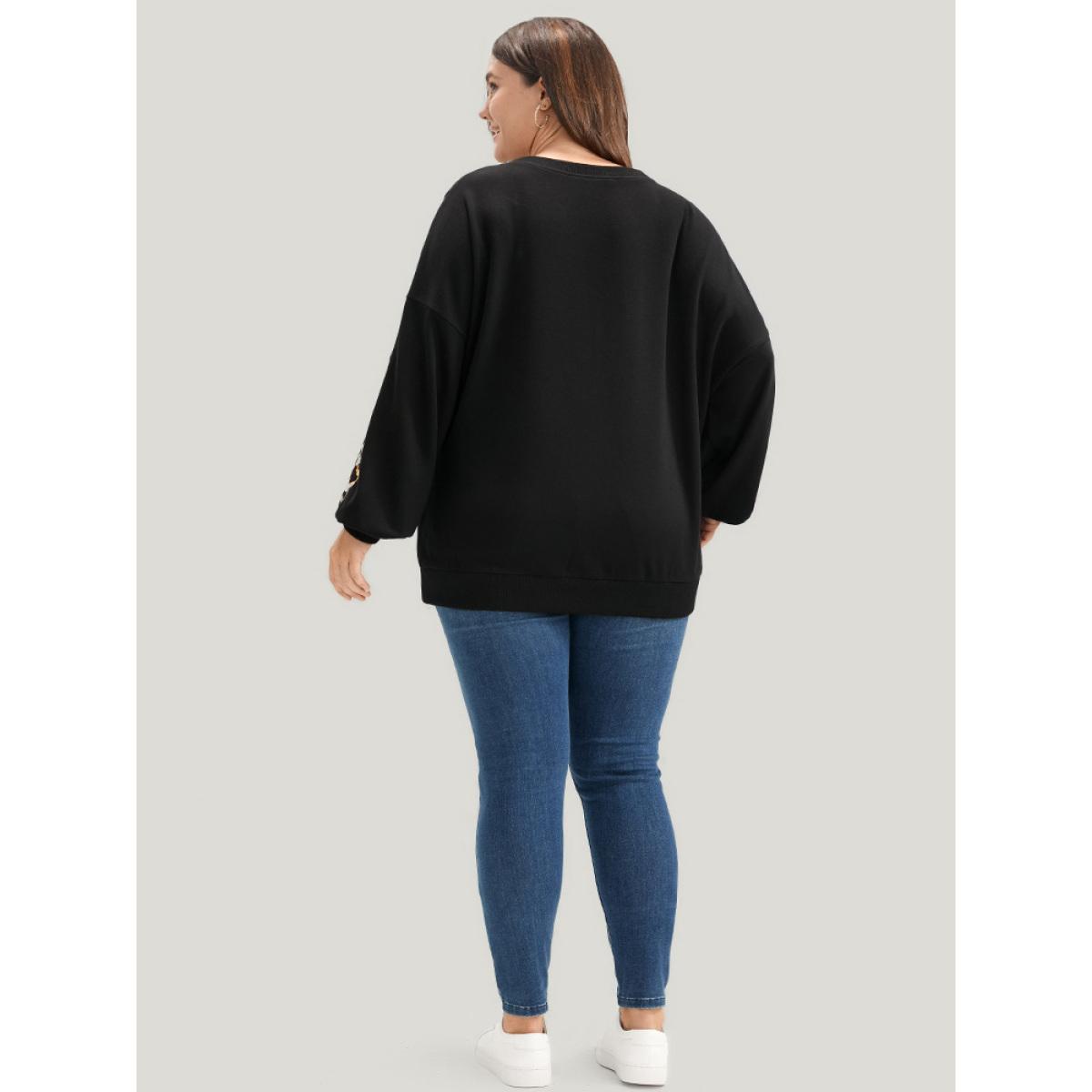 Plus Size Leopard Patchwork Contrast Lantern Sleeve Sweatshirt Women Black Casual Contrast Round Neck Dailywear Sweatshirts BloomChic 10/M Product Image