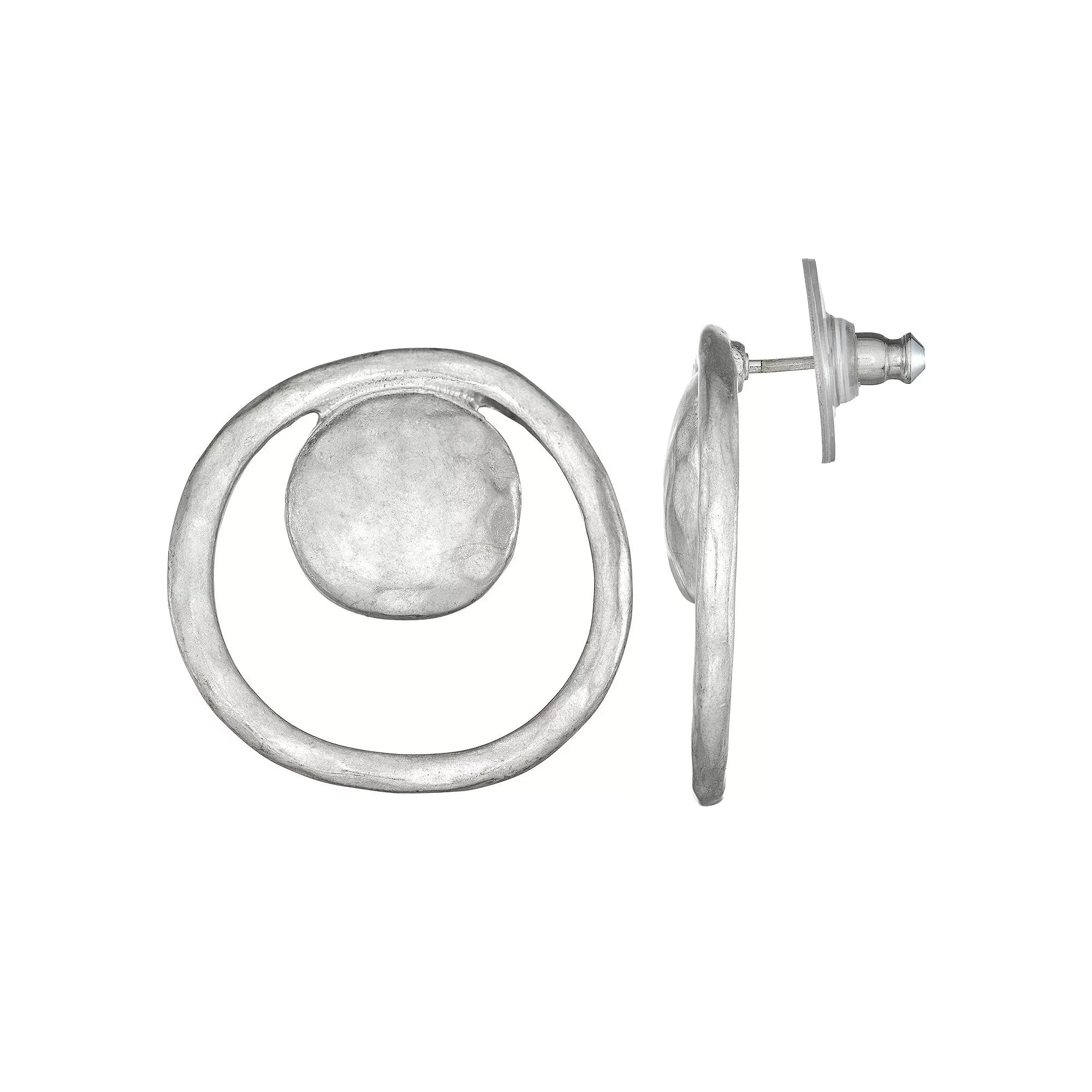 Bella Uno Worn Silver Open Disc Circle Earrings, Womens, Silver Tone Product Image