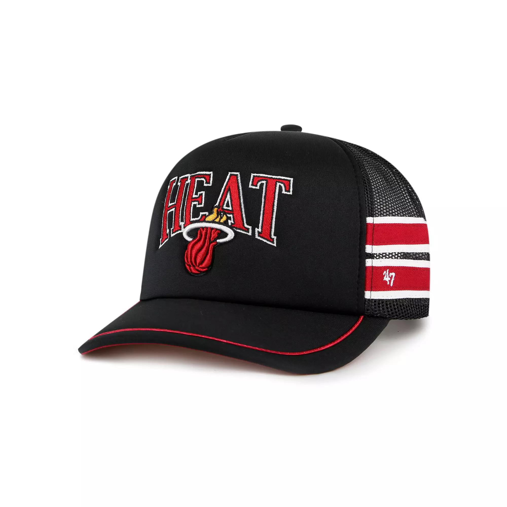 Men's '47 Black Miami Heat Sidebrand Stripes Trucker Adjustable Hat Product Image
