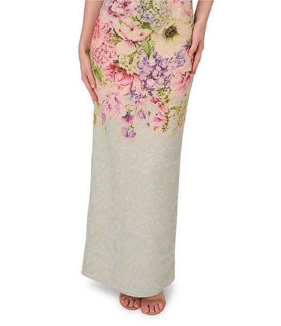 Adrianna Papell Jacquard Floral Print Crew Neck Short Sleeve Sheath Gown Product Image