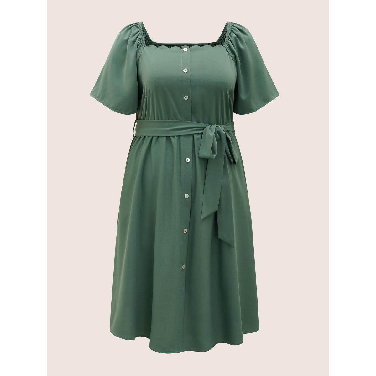 Plus Size Anti-Wrinkle Square Neck Scalloped Trim Ruffle Sleeve Dress Cyan Women At the Office Belted Square Neck Short sleeve Curvy Midi Dress BloomChic 14-16/1X Product Image
