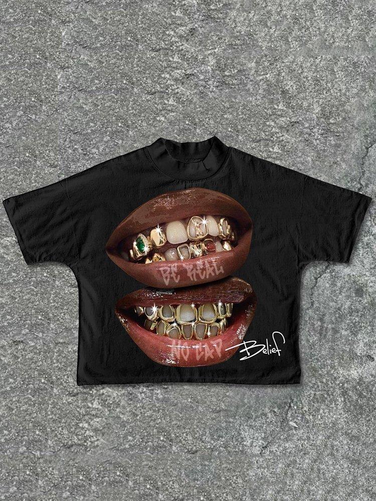 Sopula Street Style Yellow Gemstone Braces Lip Graphic Cropped T-Shirts Product Image