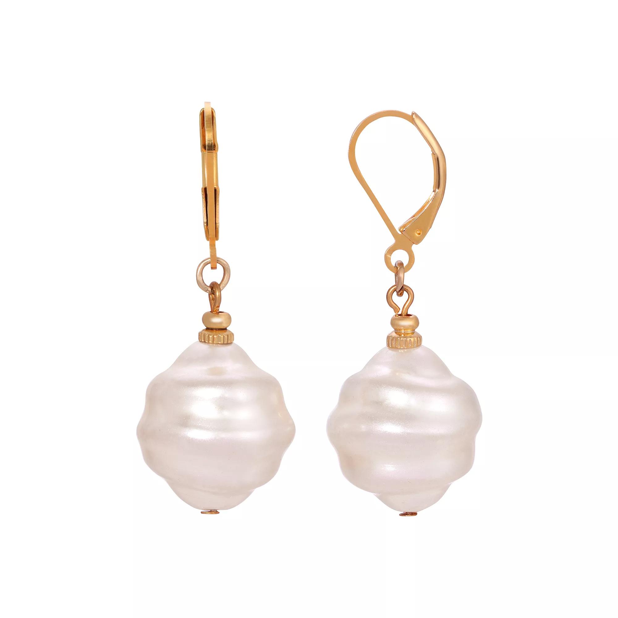 1928 Gold Tone Simulated Pearl Textured Drop Earrings, Women's, White Product Image