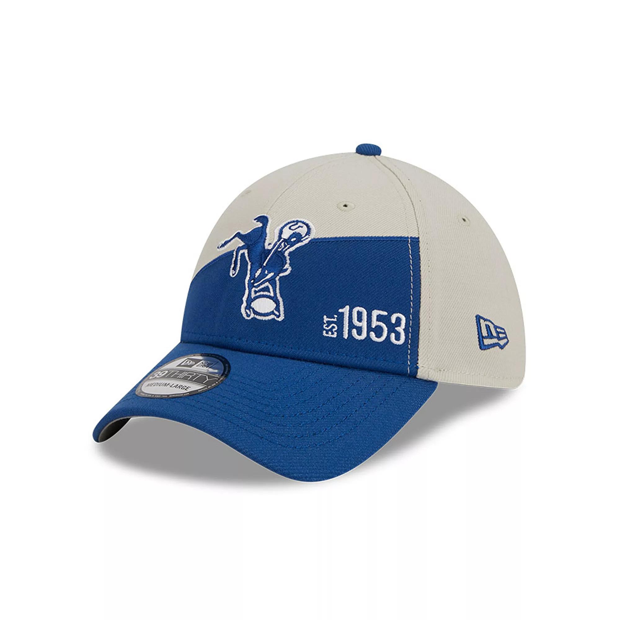 Men's New Era Cream/Royal Indianapolis Colts 2023 Sideline Historic 39THIRTY Flex Hat, Size: Medium/Large, Beige Product Image