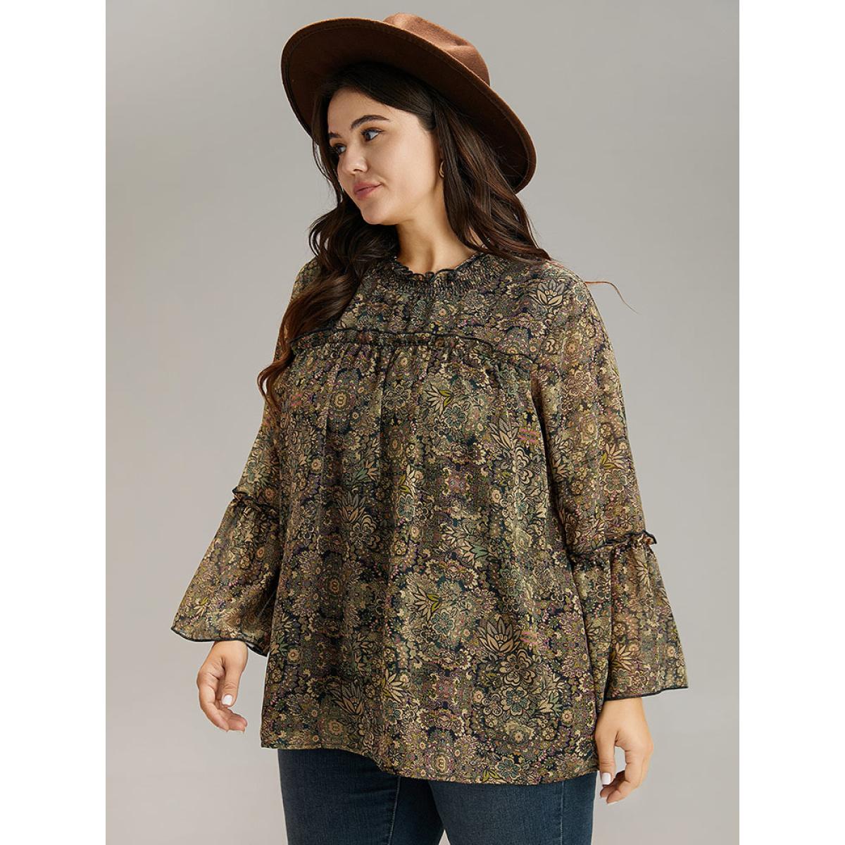 Plus Size Bronze Bandana Print Mesh Frill Trim Blouse Women Elegant Long Sleeve Round Neck Vacation Blouses BloomChic 30/6X Product Image