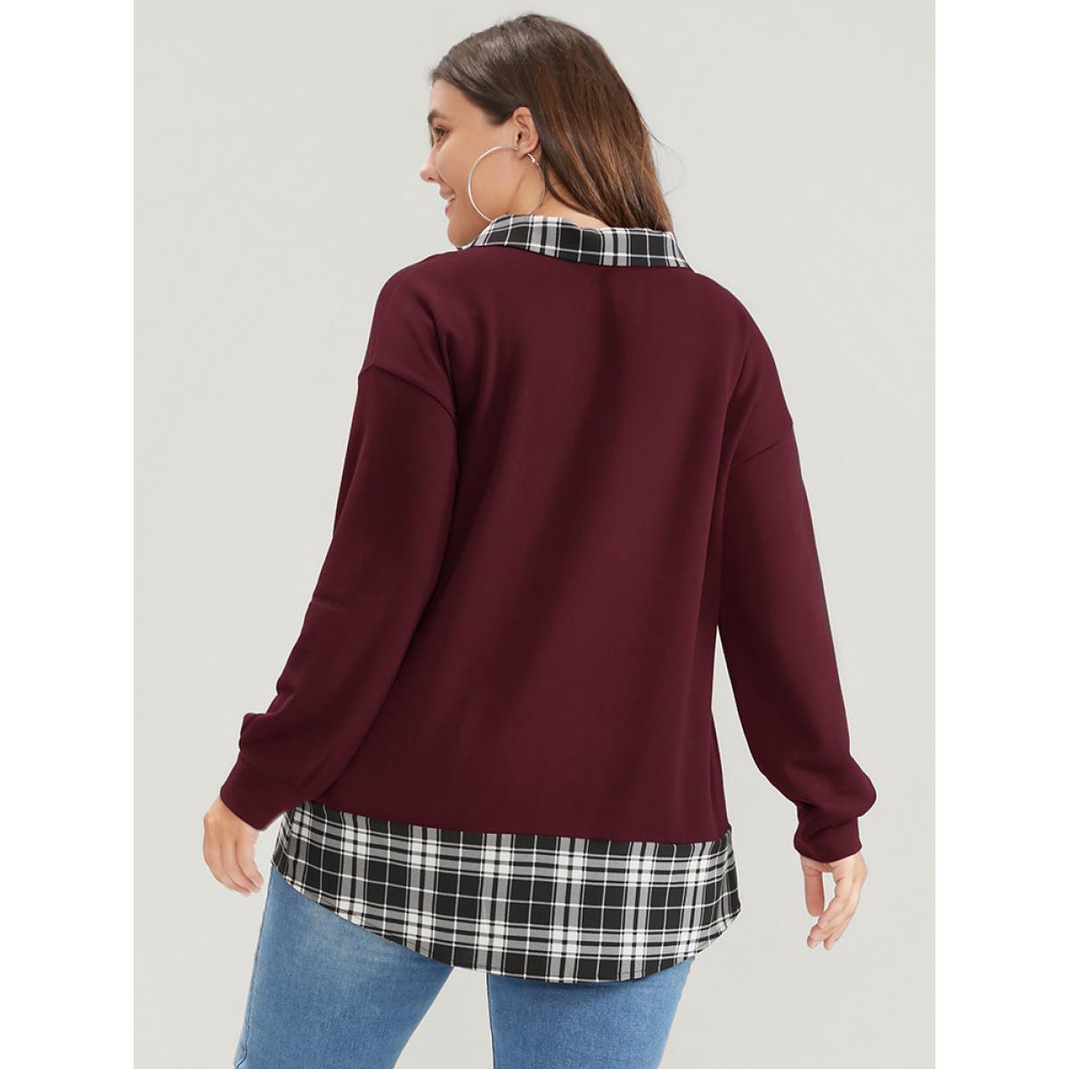 Plus Size Plaid Print Drop Shoulder 2-In-1 Sweatshirt Women Burgundy Casual Lapel Collar Dailywear Sweatshirts BloomChic 10/M Product Image