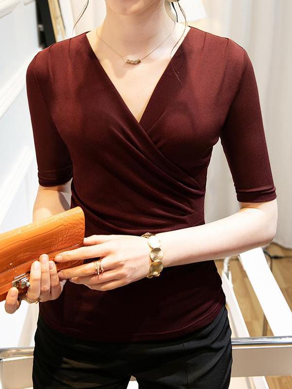 Half Sleeves Skinny Pleated Solid Color V-Neck T-Shirts Tops Product Image