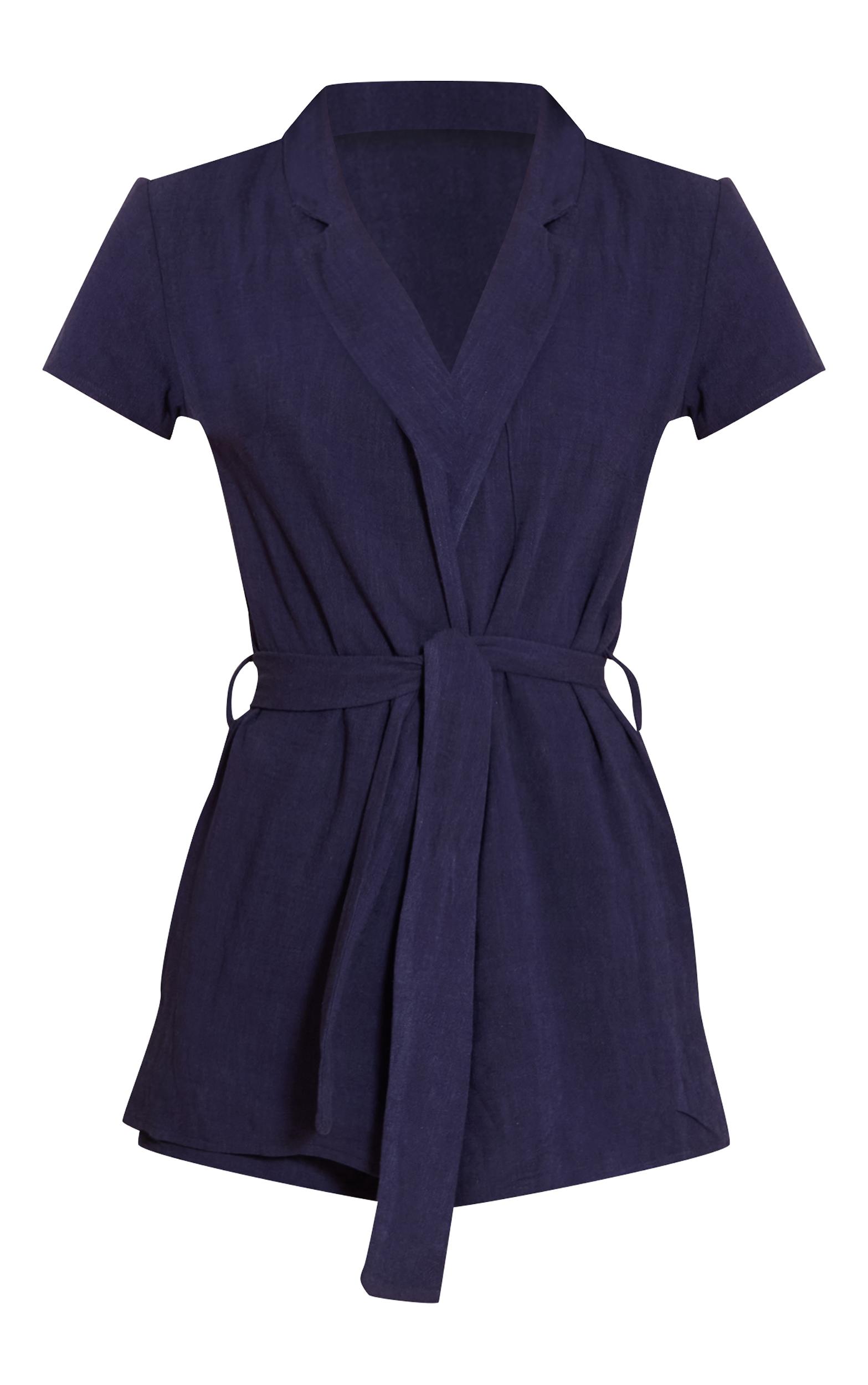 Navy Linen Look Wrap Skort Romper Product Image