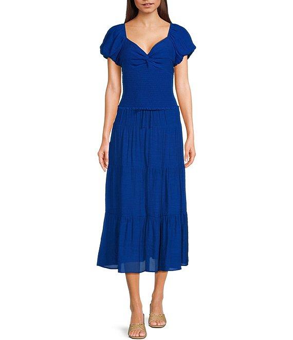 I.N. San Francisco Bubble Sleeve Smocked Coordinating Cropped Top Product Image