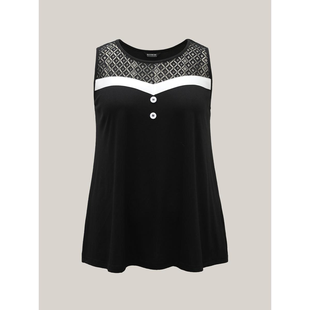 Plus Size Sheer Lace Color Contrast Button Vest Women Black Casual See through Round Neck Everyday Tank Tops Camis BloomChic 28/5X Product Image