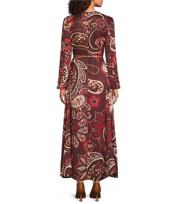 Alex Marie Kate Paisley Printed Satin Crew Neck Long Sleeve Belted Maxi Dress Product Image