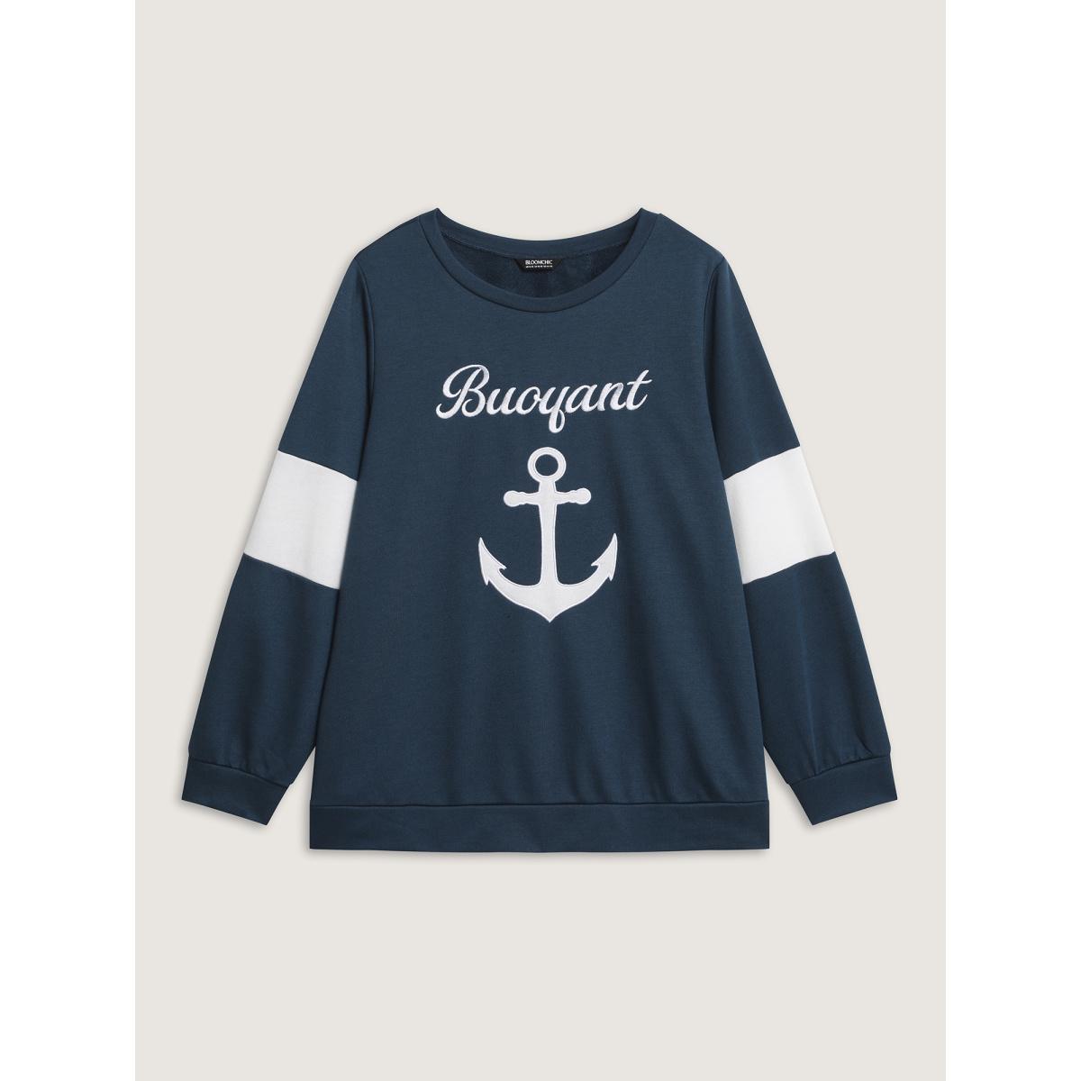Plus Size Anchor Applique Embroidery Contrast Sweatshirt Women Indigo Leisure Contrast Round Neck Casual Sweatshirts BloomChic 14-16/1X Product Image