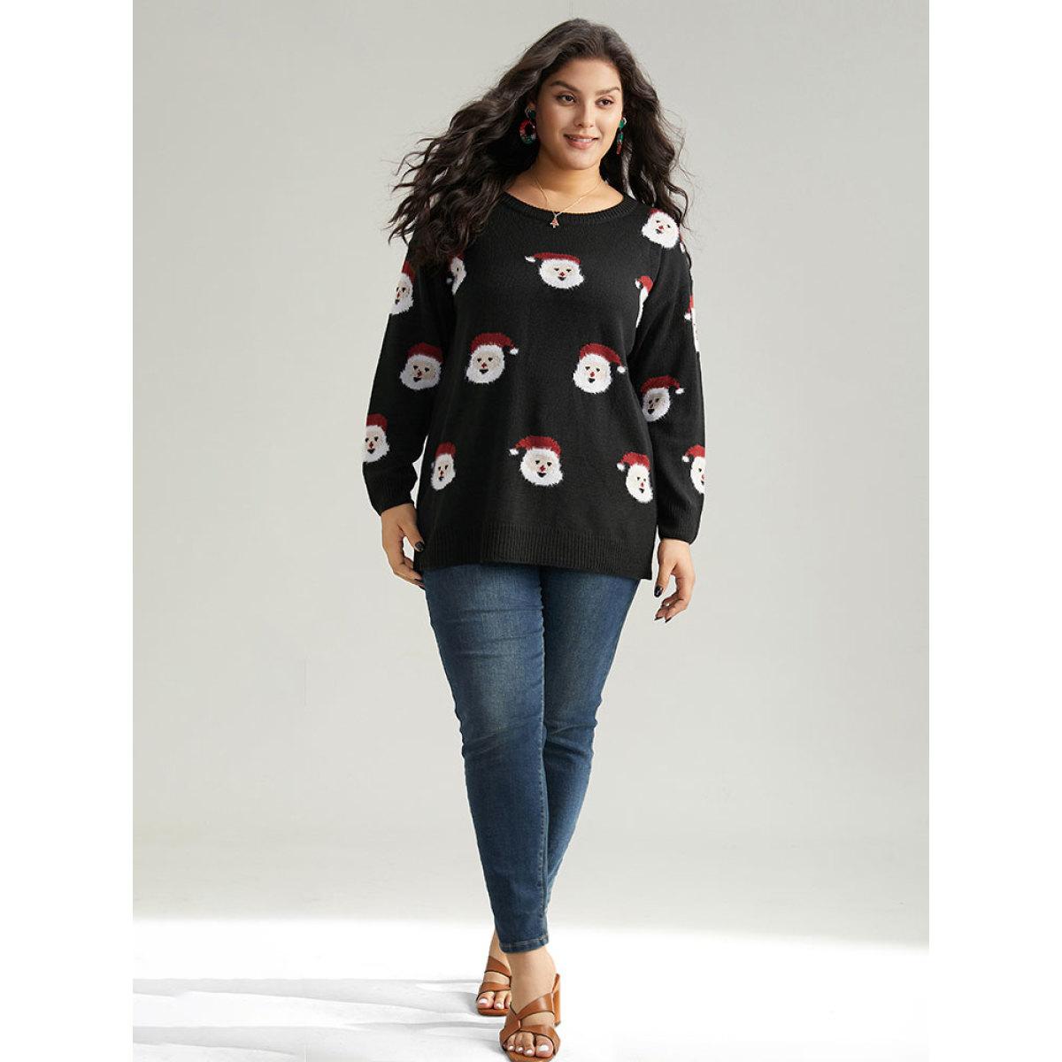 Plus Size Jolly Fellow Motifs Round Neck Pullover Black Women Casual Long Sleeve Round Neck Festival-Christmas Pullovers BloomChic 28/5X Product Image