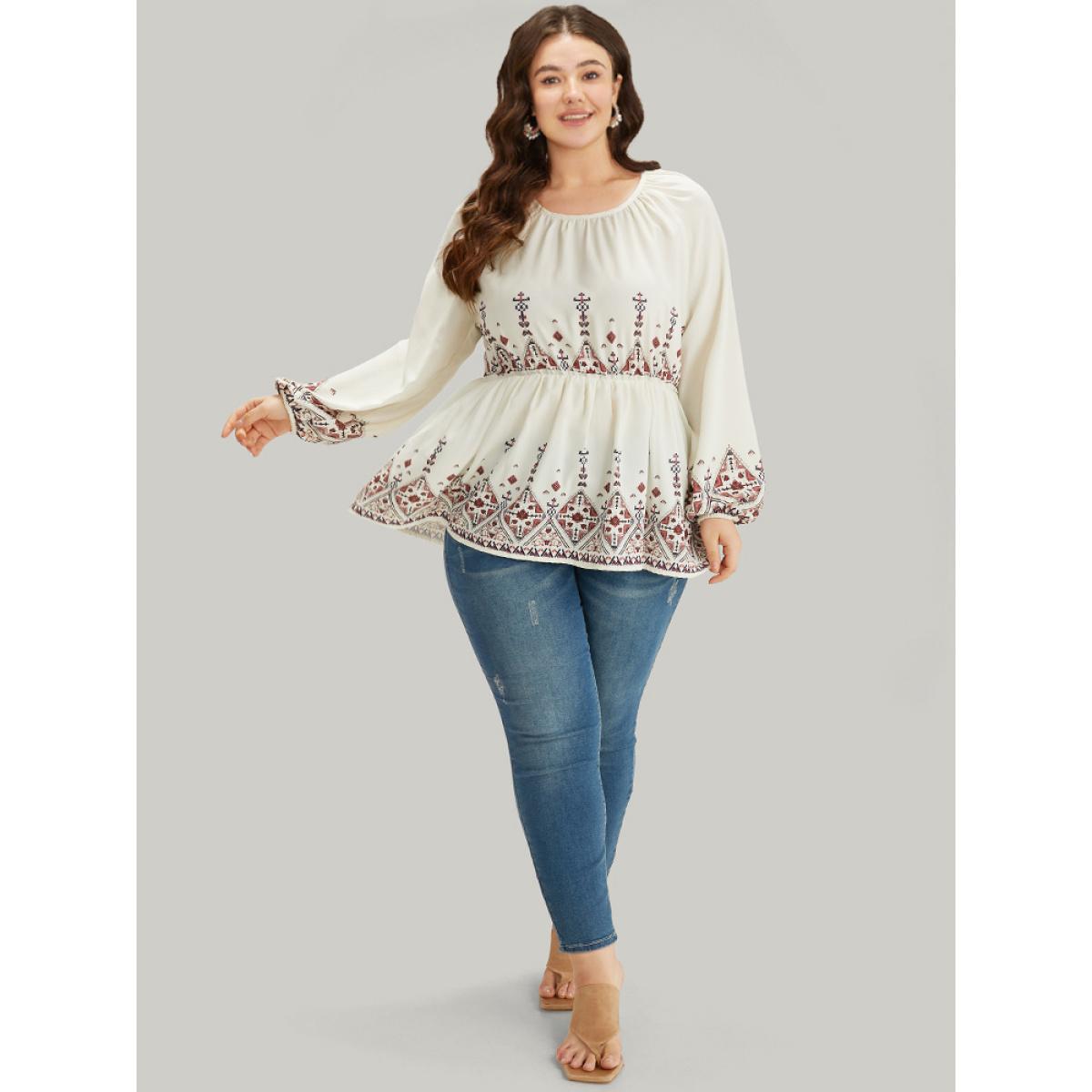 Plus Size Ivory Boho Print Crew Neck Gathered Elastic Waist Blouse Women Vacation Long Sleeve Round Neck Dailywear Blouses BloomChic 28/5X Product Image