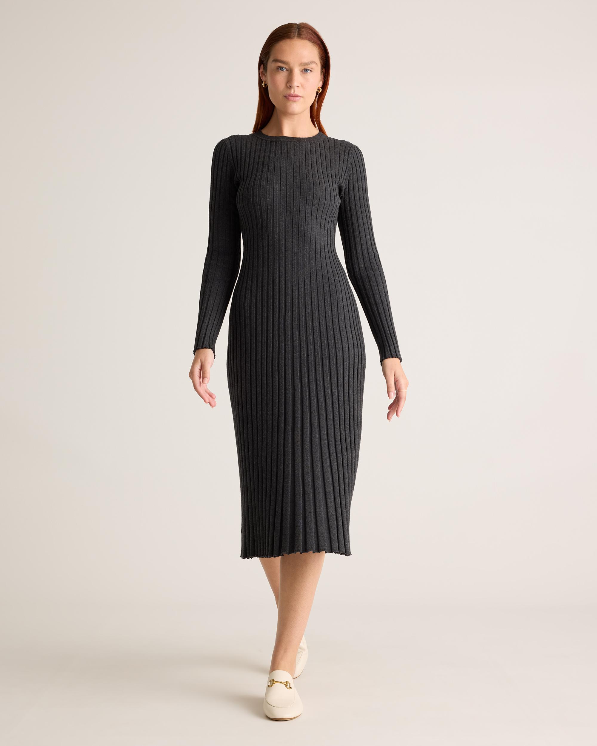 Quince | Women's Cotton Cashmere Ribbed Long Sleeve Crew Midi Dress Product Image