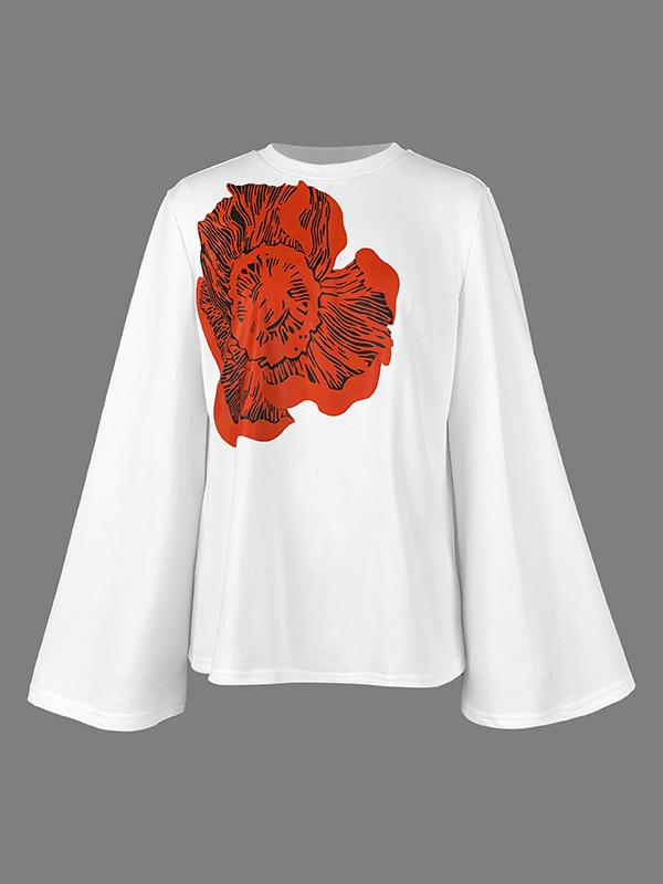 Flared Sleeves Long Sleeves Flower Print Round-neck T-Shirts Tops Product Image
