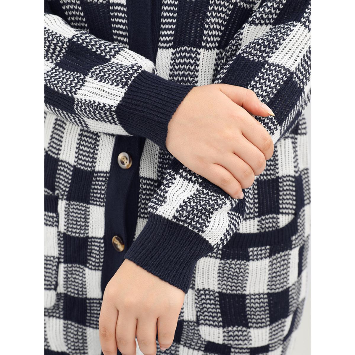 Plus Size Plaid Pointelle Knit Pocket Button Front Cardigan Midnight Women Elegant Loose Long Sleeve Dailywear Cardigans BloomChic 28/5X Product Image