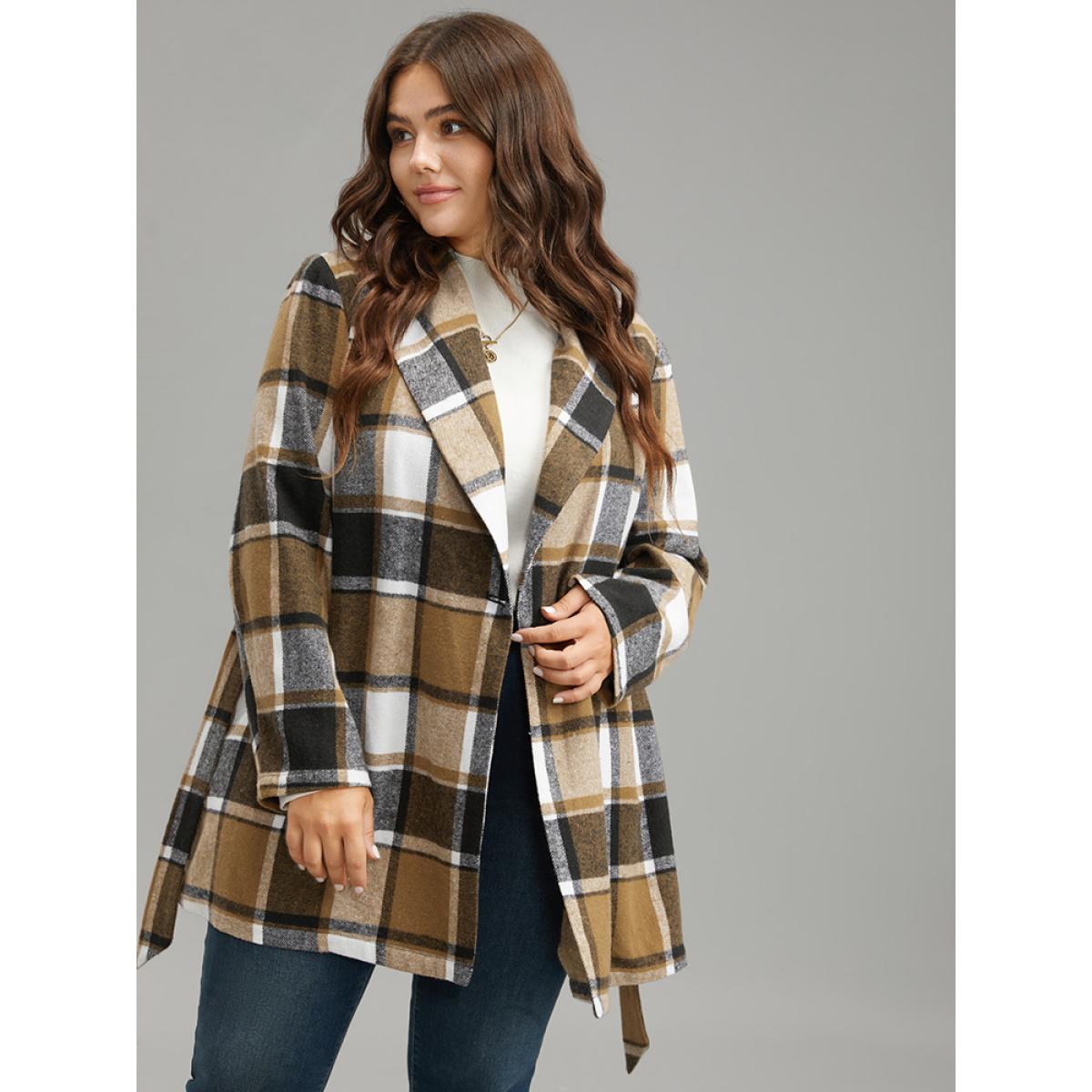 Plus Size Plaid Contrast Belted Lapel Collar Coat Women Tan Casual Belted Ladies Dailywear Winter Coats BloomChic 30/6X Product Image