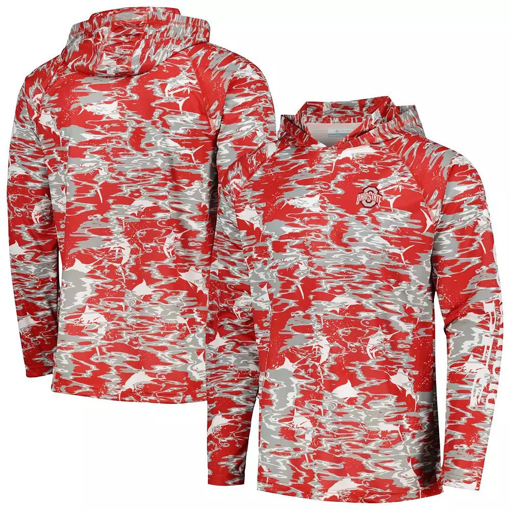 Men's Columbia Scarlet Ohio State Buckeyes PFG Terminal Tackle Omni-Shade Rippled Long Sleeve Hooded T-Shirt,  Product Image