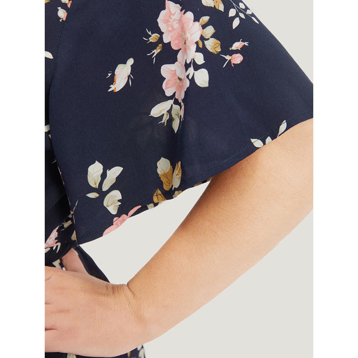 Plus Size Floral Print Pocket Knot Ruffle Sleeve Wrap Dress DarkBlue Women Elegant Wrap V-neck Half Sleeve Curvy Knee Dress BloomChic 30/6X Product Image