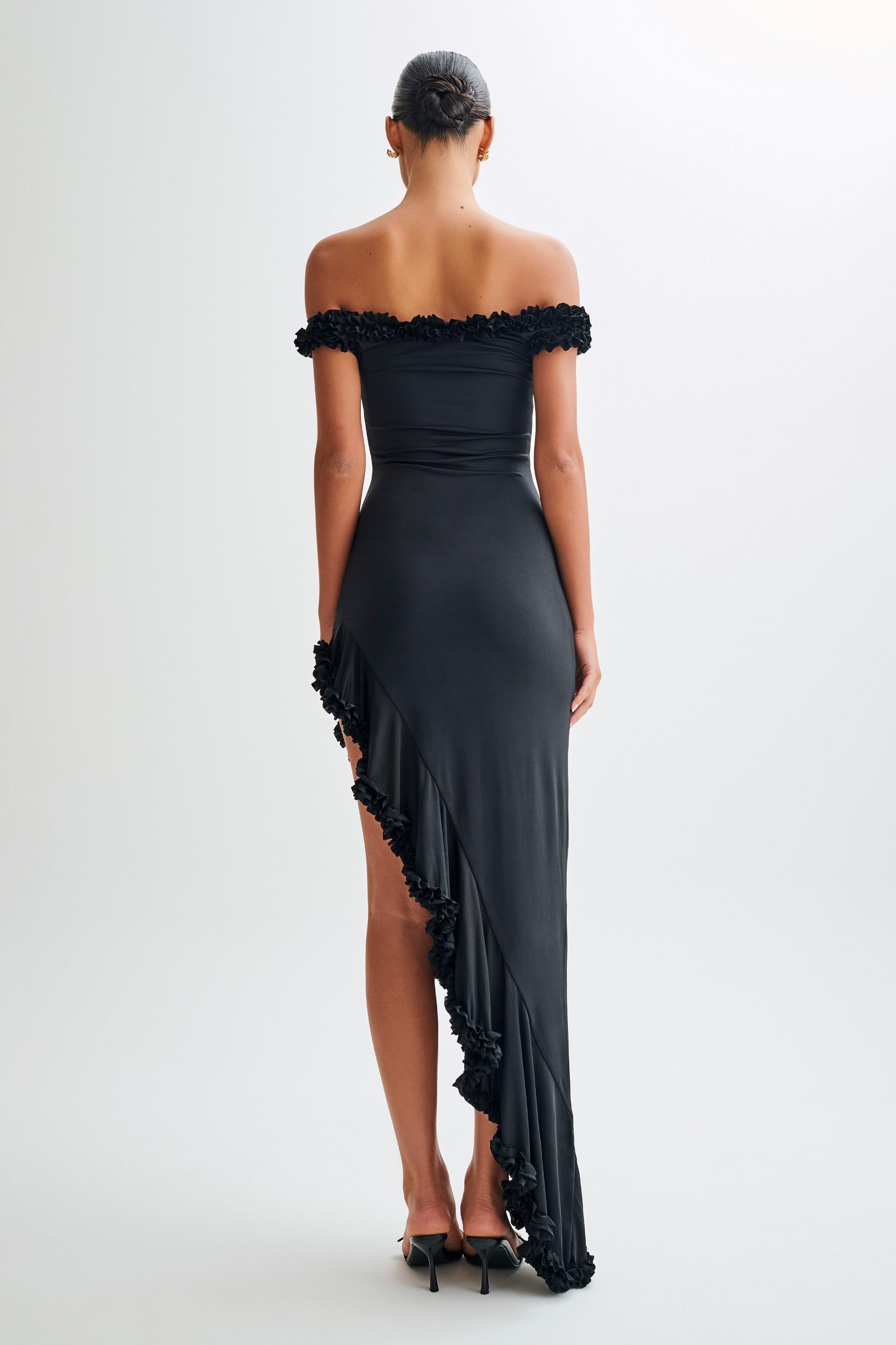 Arielle Off Shoulder Ruffle Midi Dress - Black Product Image