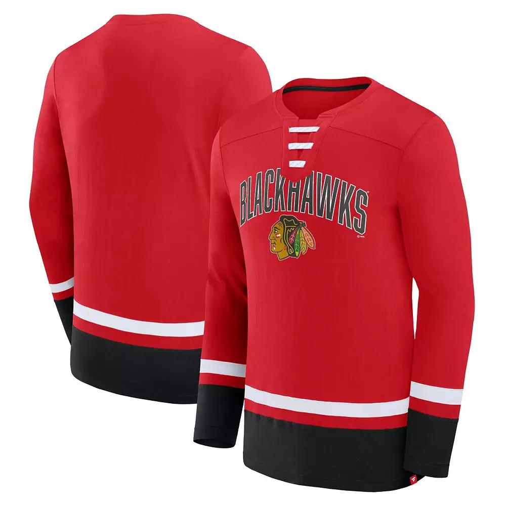 Men's Fanatics Branded Red Chicago Blackhawks Back Pass Lace-Up Long Sleeve T-Shirt, Size: Small Product Image