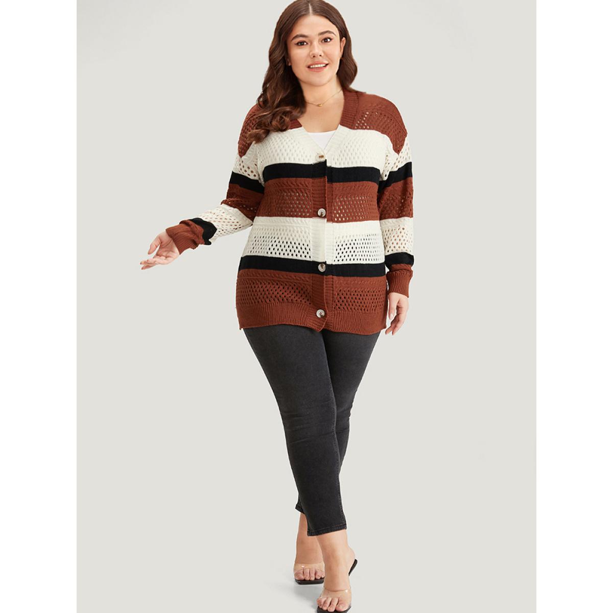 Plus Size Colorblock Contrast Geo Eyelet Button Through Cardigan Rust Women Casual Loose Long Sleeve Dailywear Cardigans BloomChic 14-16/1X Product Image