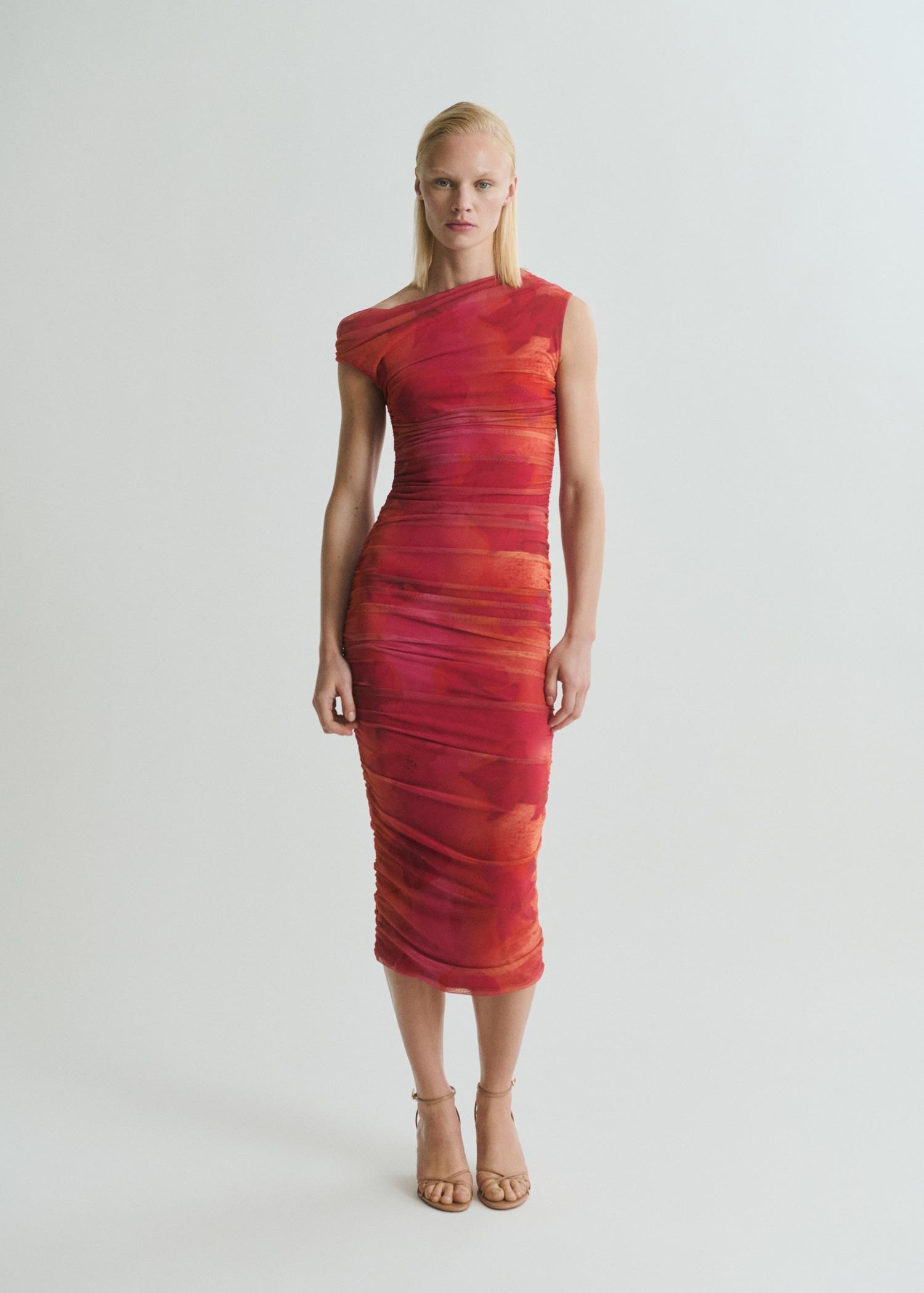 Floral midi-dress with asymmetrical neckline - Women | MANGO USA Product Image