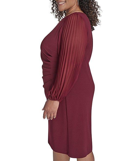 Jessica Howard Plus Size Crepe Chiffon Pleated Long Sleeve Side Tuck Sheath Dress Product Image