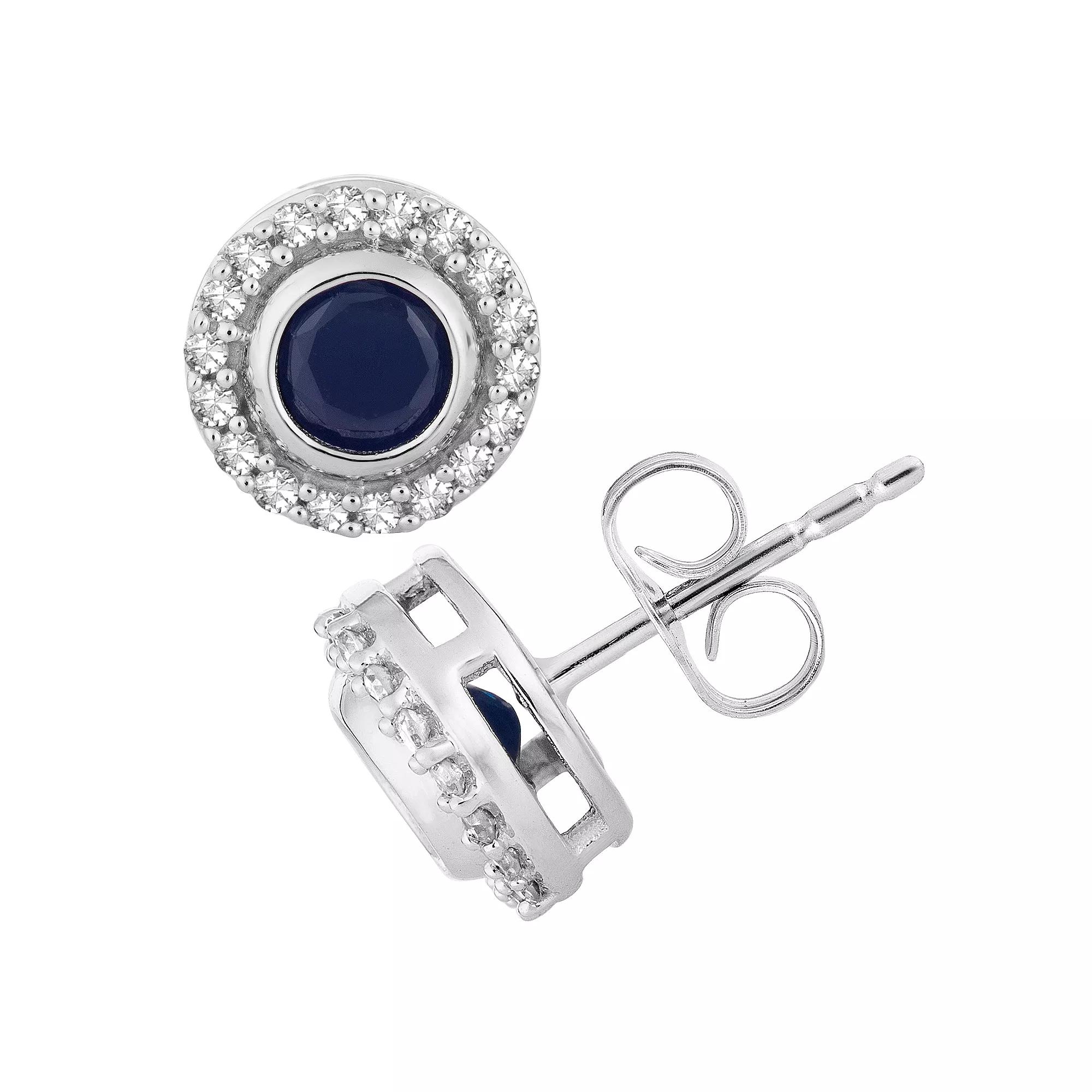 10k White Gold Sapphire & 1/10 Carat T.W. Diamond Halo Stud Earrings, Women's, 10k Whgold Product Image