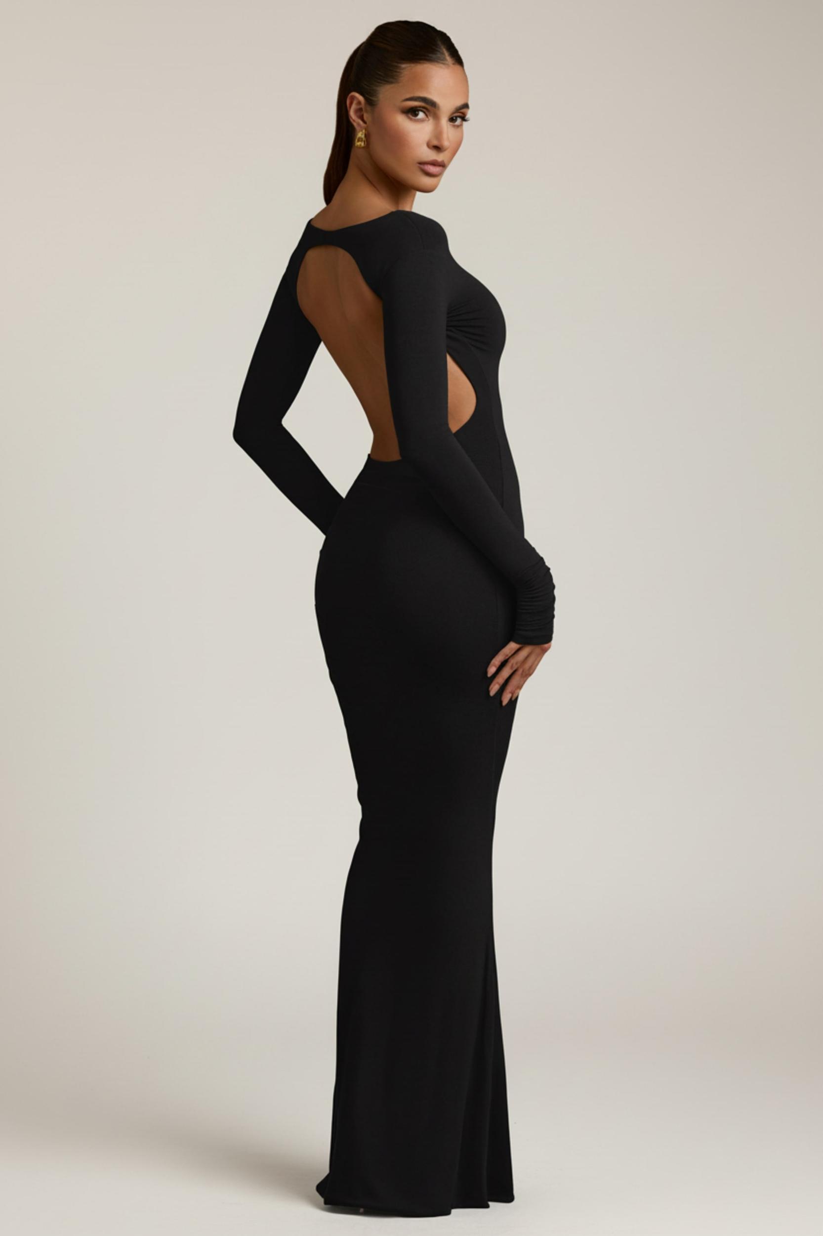 Modal Ruched Backless Maxi Dress in Black Product Image