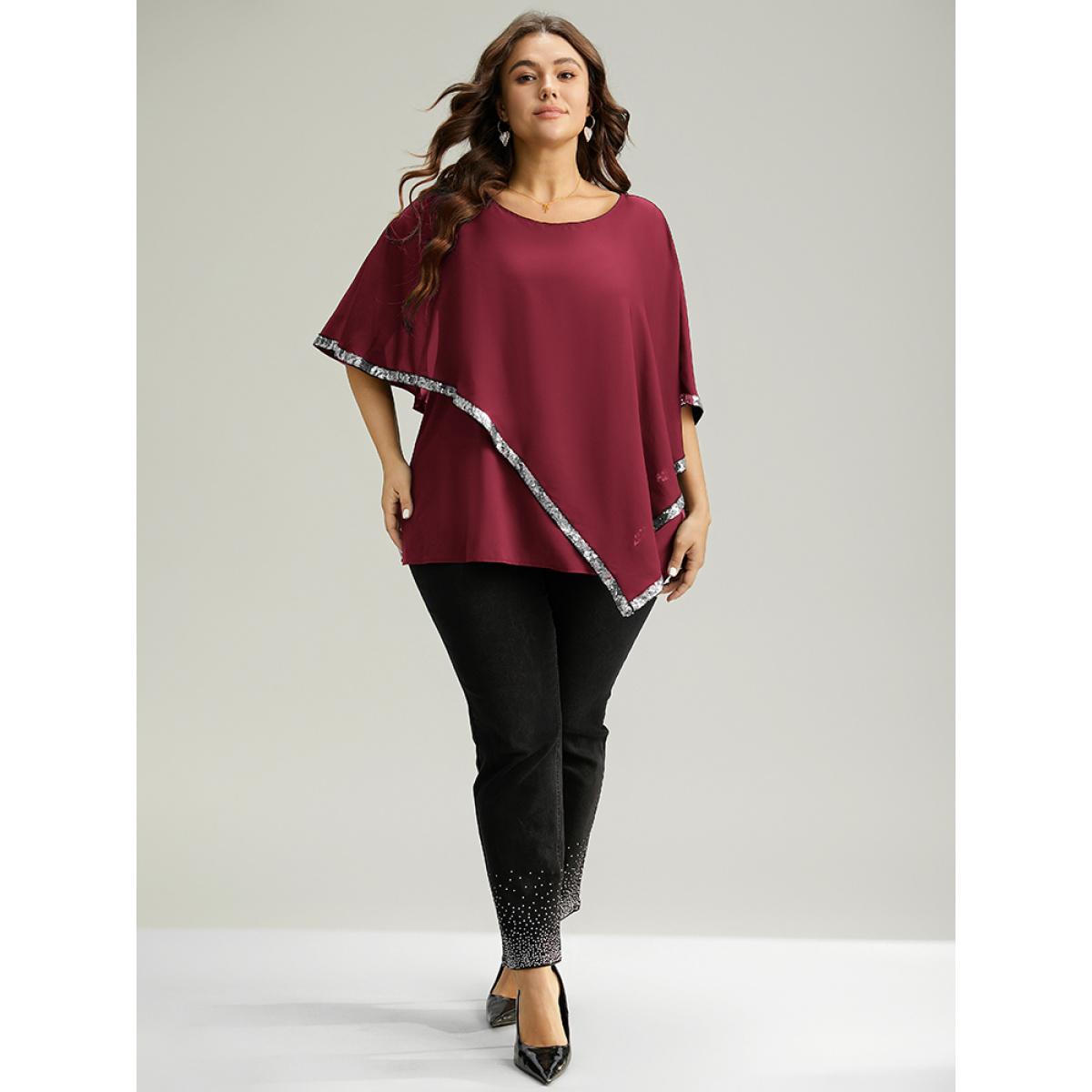 Plus Size Scarlet Sequin Patchwork Asymmetrical Dolman Sleeve Blouse Women Glamour Half Sleeve Round Neck Festival-Christmas Blouses BloomChic 30/6X Product Image