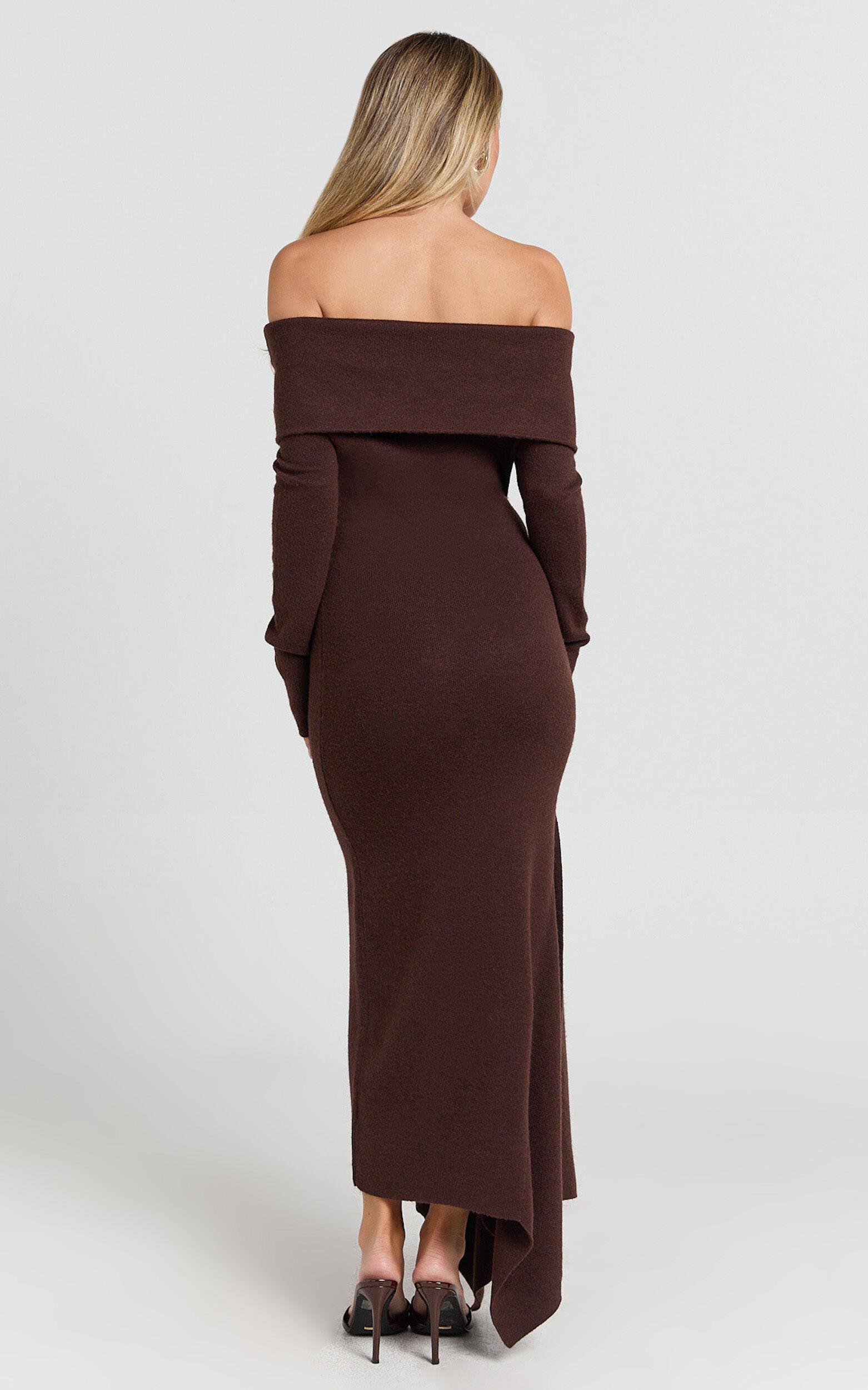 Karina Midi Dress - Long Sleeve Folded Off Shoulder Asymmetric Dress in Chocolate Product Image