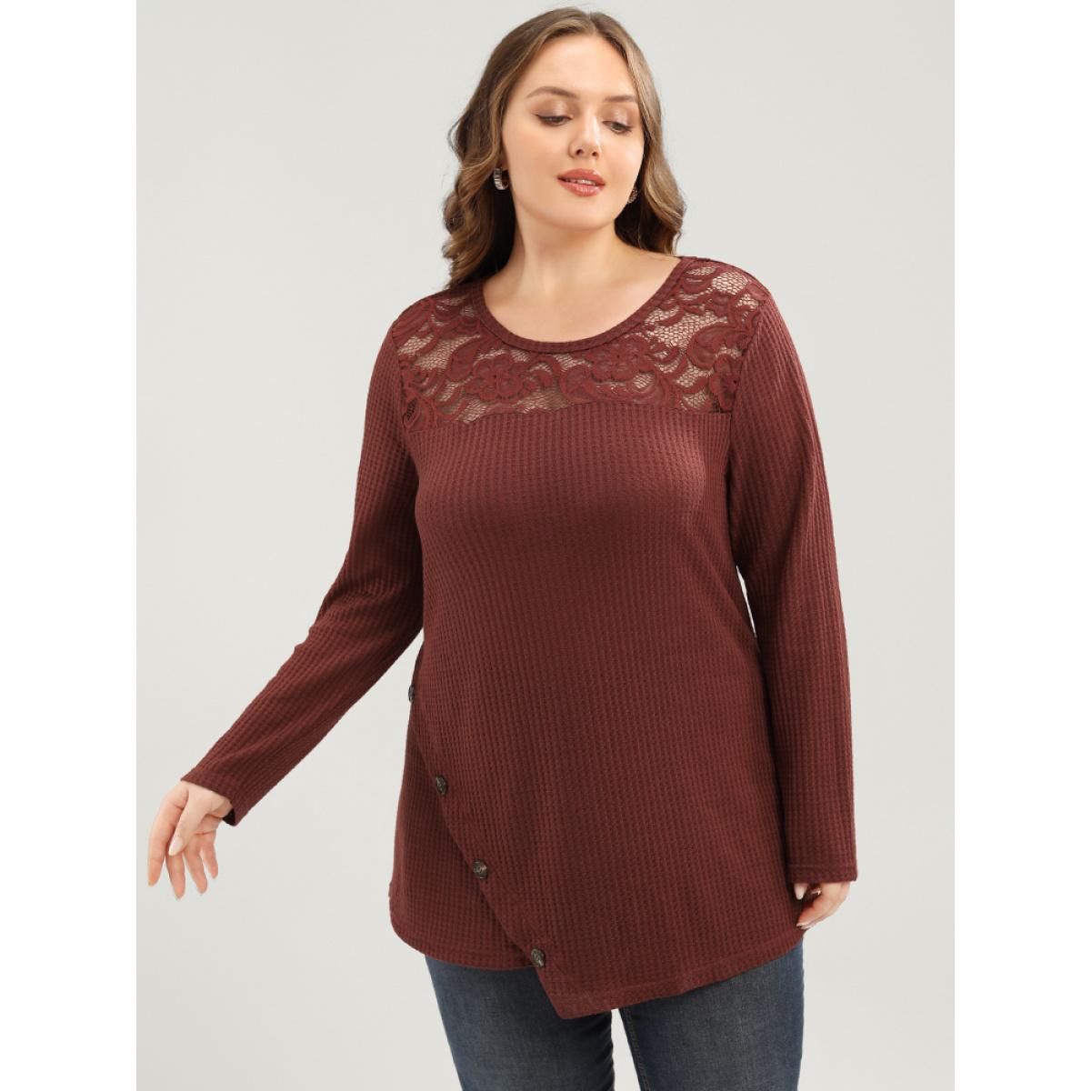 Plus Size Solid Lace Button Detail Waffle Knit Sweatshirt Women Scarlet Elegant Patchwork Round Neck Dailywear Sweatshirts BloomChic 12/L Product Image