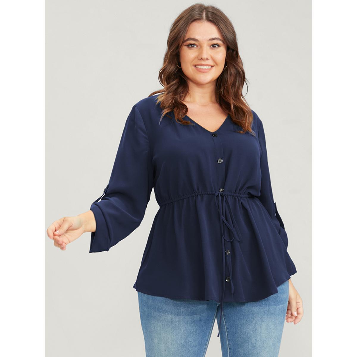 Plus Size Navy Solid Roll Sleeve Button Down Drawstring Blouse Women Office Long Sleeve V-neck Office Blouses BloomChic 10/M Product Image