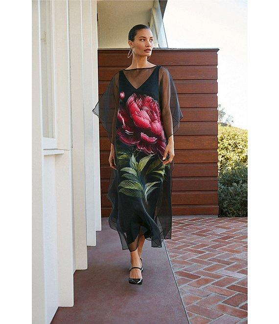 Trina Turk Salon Floral Placement Organza Boat Neck Butterfly Sleeve Dress Product Image