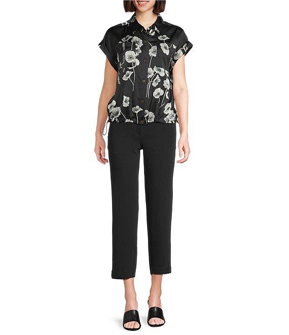 KARL LAGERFELD PARIS Coordinating Satin Crepe Floral Print Point Collar Short Sleeve Shirt Product Image
