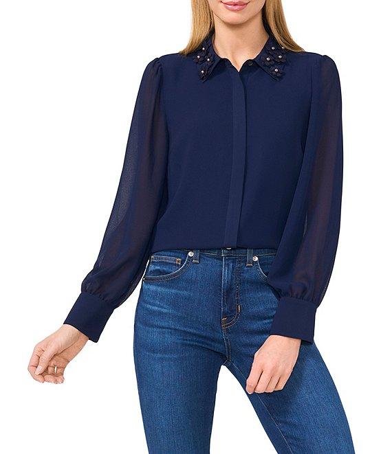 CeCe Georgette Floral 3D Applique Pointed Collar Long Sleeve Hidden Button Front Blouse Product Image