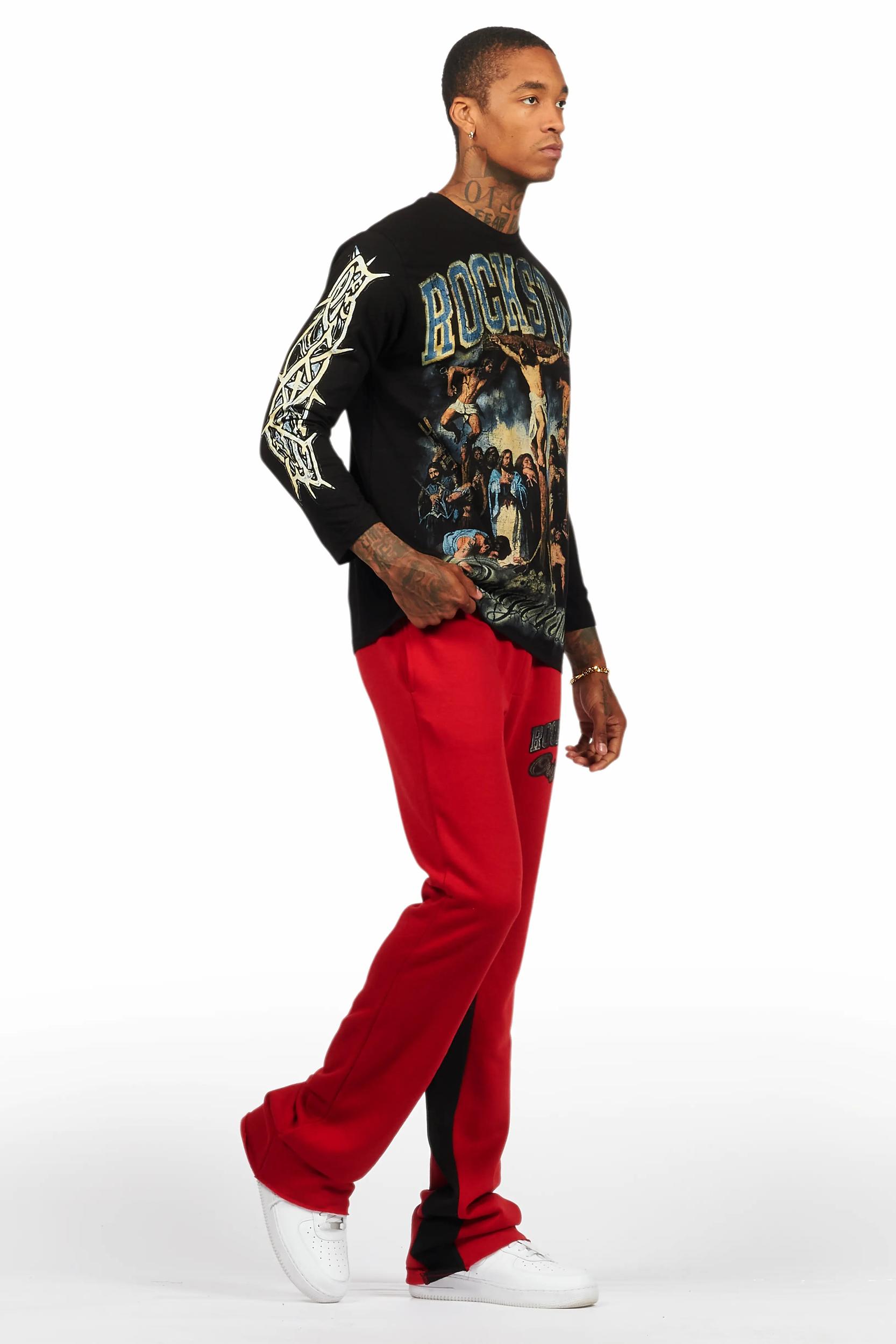 Waller Black/Burgundy Long Sleeve T-Shirt/Baggy Pant Set Male Product Image