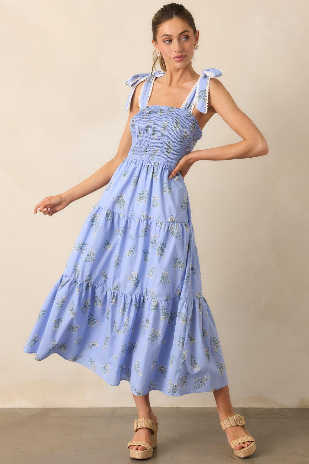 Take Me Away Cotton Periwinkle Floral Smocked Maxi Dress Product Image