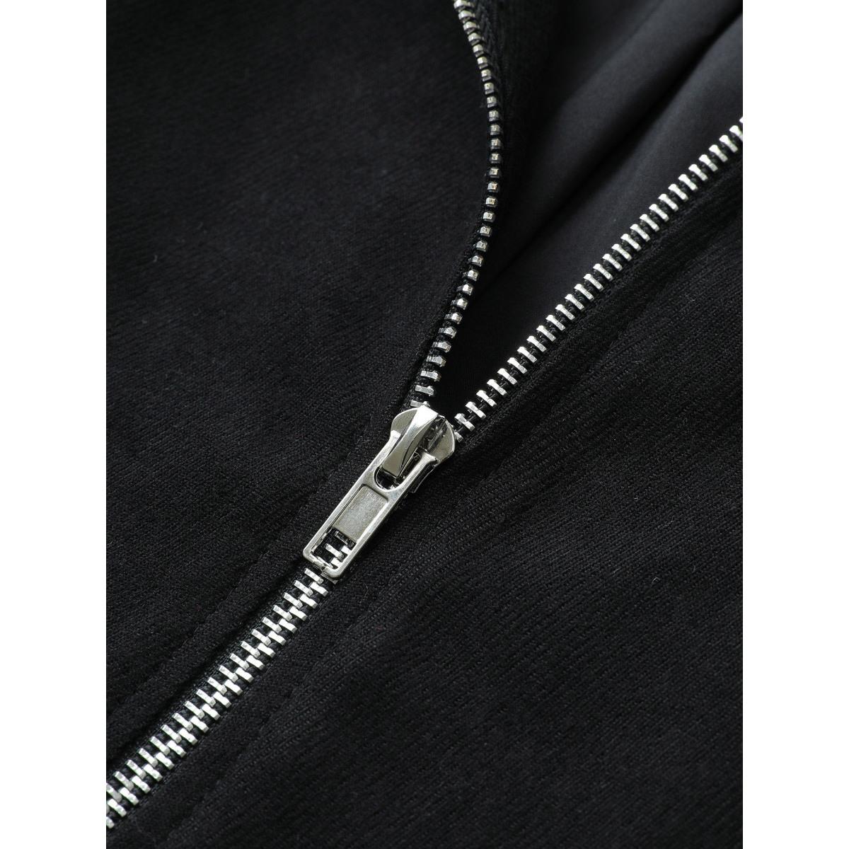 Plus Size Geometric Drawstring Patchwork Hooded Jacket Women Black Non Open pocket with flap Everyday Jackets BloomChic 18-20/2X Product Image