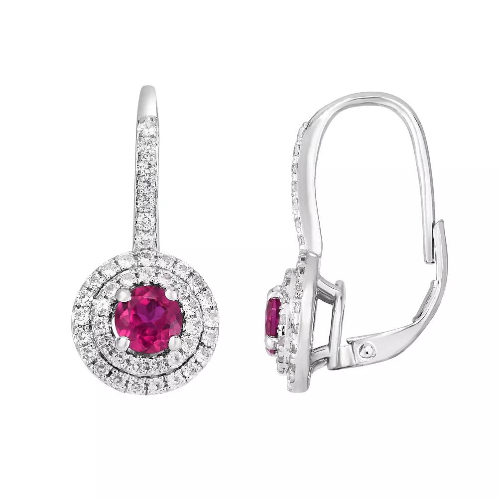 Oro Leoni Sterling Silver Lab-Created Ruby & Lab-Created White Sapphire Halo Drop Earrings, Women's Product Image