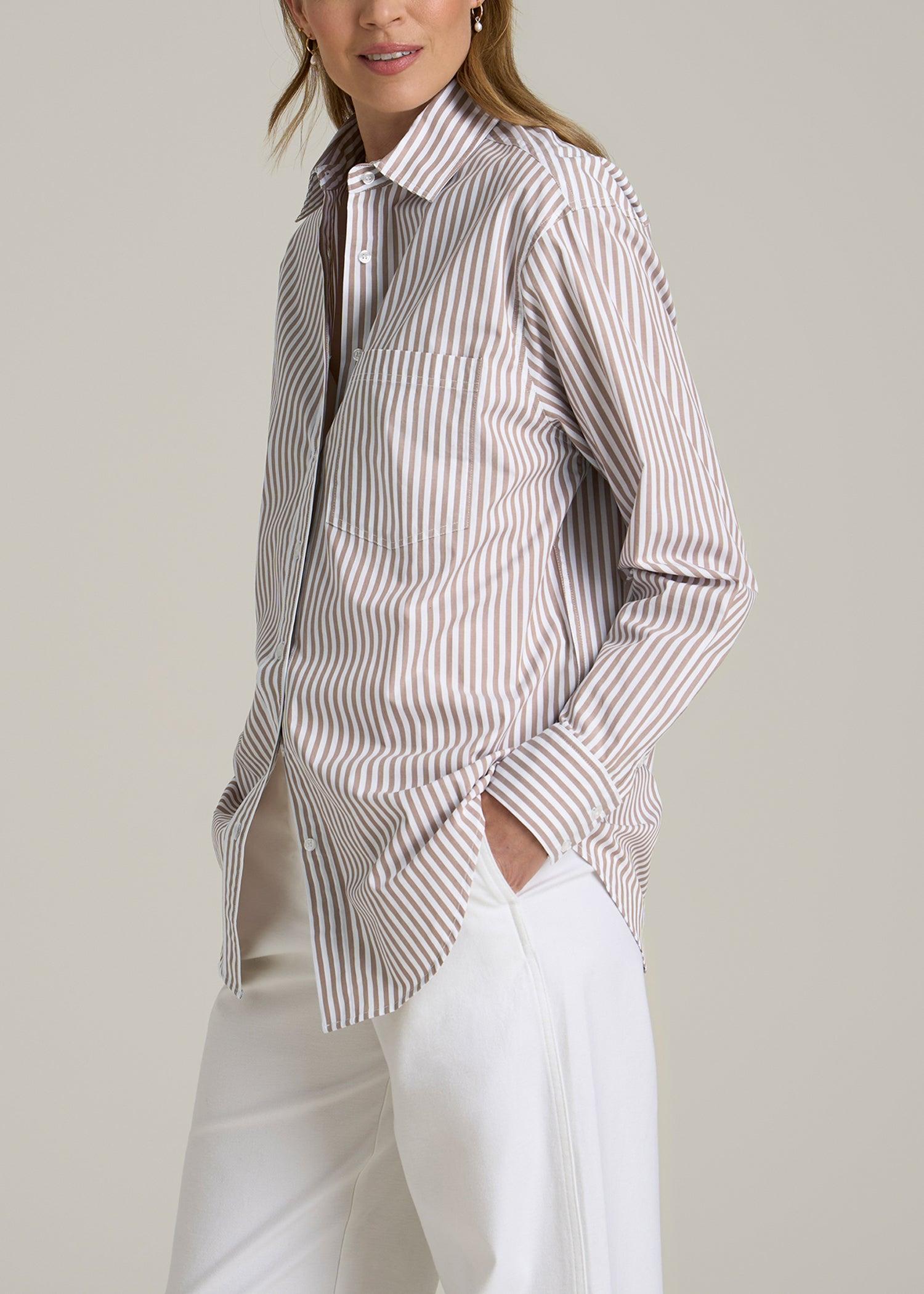 Relaxed Poplin Button-Up Shirt for Tall Women in Brown and White Stripe Female Product Image